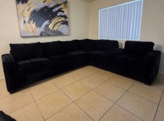 Large sectional Sofa black fur jumbo corduroy