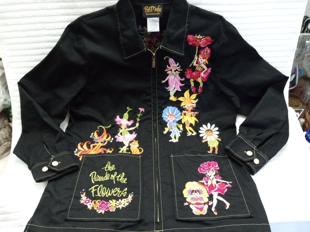 Bob Mackie Wearable Art: Embroidered "The Parade of the Flowers" Black Stretch Cotton Zipper Front Jacket Large