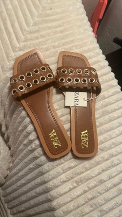 Zara Flat Slide Sandals with Eyelet Strap