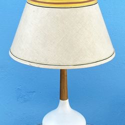 Mid century walnut and white ceramic table lamp w/vintage shade