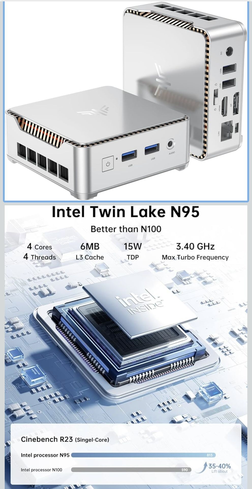 KAMRUI Essenx E2 Mini PC, 16GB RAM 1TB SSD Mini Computers,12th Alder Lake N95 (Beat N100, up to 3.4GHz) Micro PC, HDMI+DP1.4 Dual 4K UHD Small PC,Giga