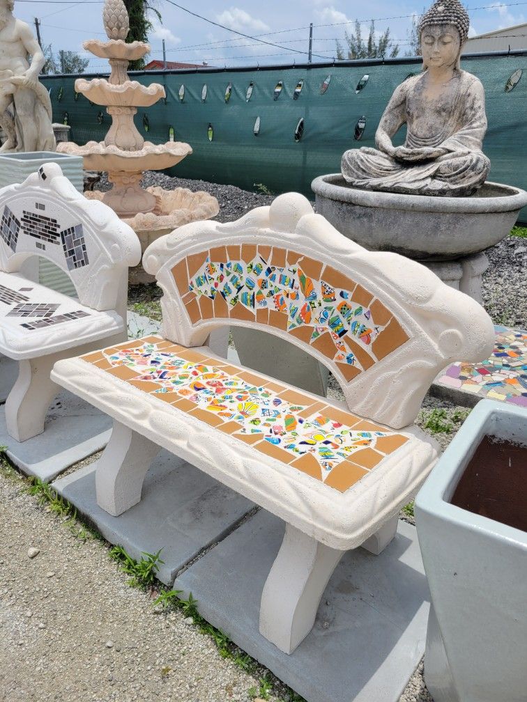 Concrete Bench With Back Cement Mosaic Backyard Patio Benches