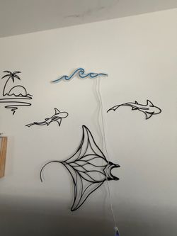 Ocean Theme Wall Art Set with Neon Wave Sign