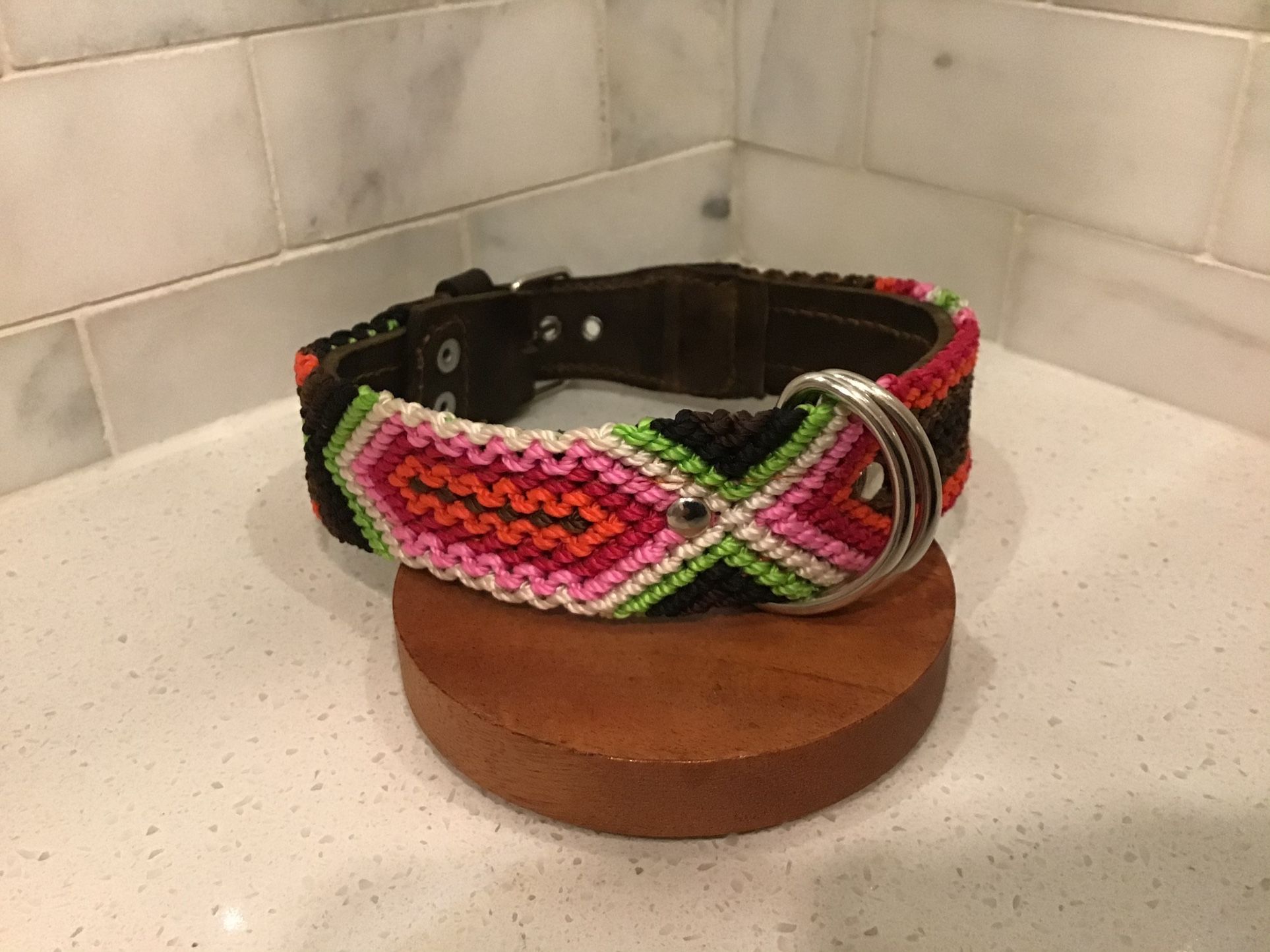 Handmade Dog Collar – 18” M/L – Pink, Green & Orange Geometric Weave