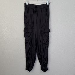 Aerie Charcoal Gray Drawstring Waist Satin Cargo Jogger Pants