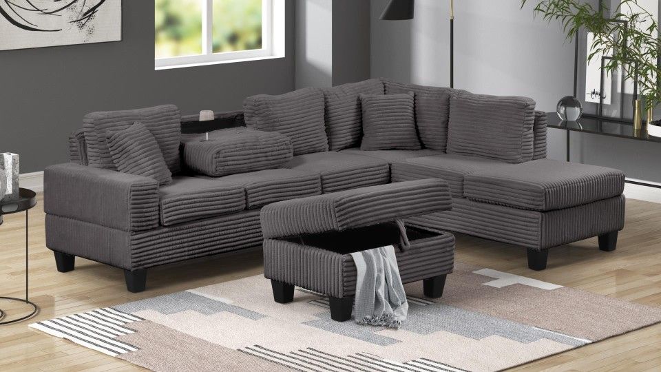 Brand New Special Cozy Gray Color Sectional With Fold Down Cup Holder And Ottoman
