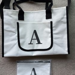Personalized Initial “A” White With Black Trim Tote Bag