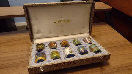 Vintage Chinese Cloisonne Miniature Lidded Jars Set of 10 Brocade Box Enamel ($120 OBO)