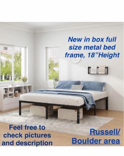 New in box full size metal bed frame, 18Height, holds 1100 lbs. Slats included.