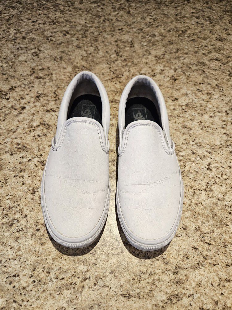 White Leather Vans Slip Ons (Men Size 9.5)