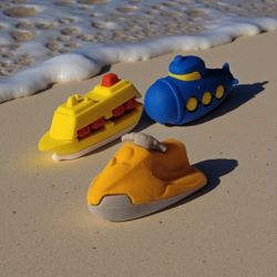 (Lot Of 3) 3D Puzzle 1" Miniature Multi-Color Erasers Figural Watercraft Themed. These items are indeed 3D puzzle erasers in the shape of a speed boat