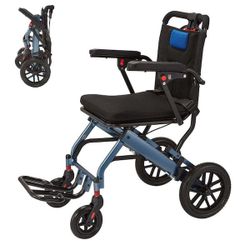 Black and Blue Ultra Lightweight Aviation Aluminum Transport Wheelchair with Shock Absorption and 2-Stage Brakes