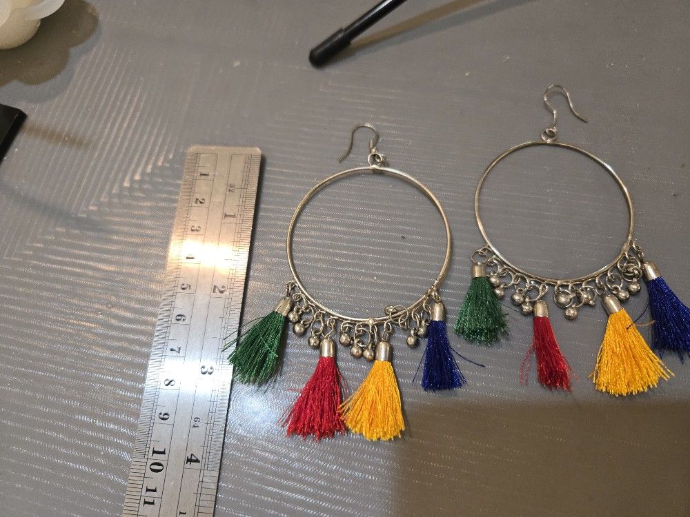 Colourful tassel earrings with silver hoops #festivalvibes