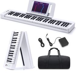 Donner 61-Key Folding Bluetooth Keyboard Piano for Beginners, Portable Piano Keyboard with Music Rest, Bag, Pedal, and App - White