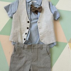 (Worn Once)NEXT Boys Summer Formal Suit 4-Piece Set (Short-Sleeve Shirt, Vest, Shorts, Knit Bow Tie) Size 4-5Y