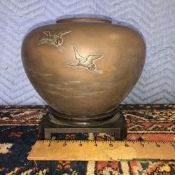 Vintage Japanese Bronze Vase Crane Motif On Wood Stand 
