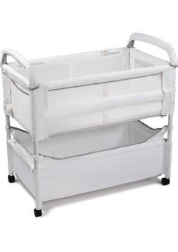 Arm’s Reach Clear-Vue Co-Sleeper Bedside Bassinet Featuring Clear Mesh Panels with Fold-Down Side, Large Attached Storage Basket, 4 Wheels, and Height