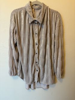 Taupe Crinkle Textured Button Front Long Sleeve Blouse Size M