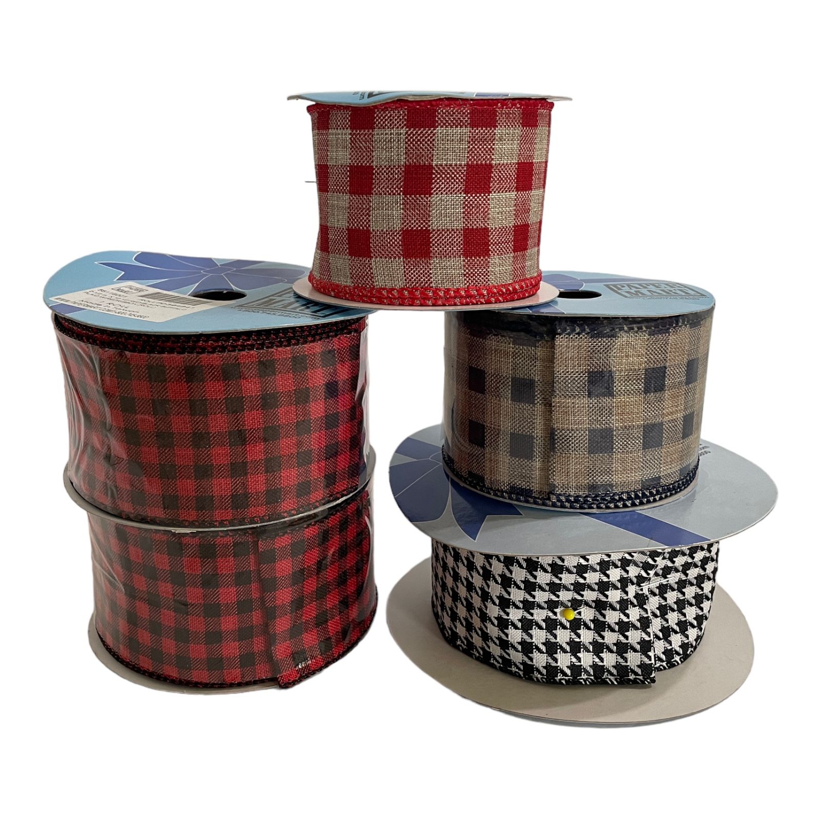 5pc Lot Wired Ribbon Buffalo Plaid Houndstooth Gingham
