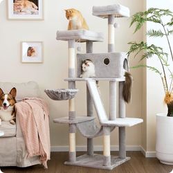 61 inch Tall Cat Tower for Large Cat Indoor, Enlarged Condo, 2 Padded Perches with 1 Widened, Large Hammock, Scratching Post and ramp, Fluffy Basket, 