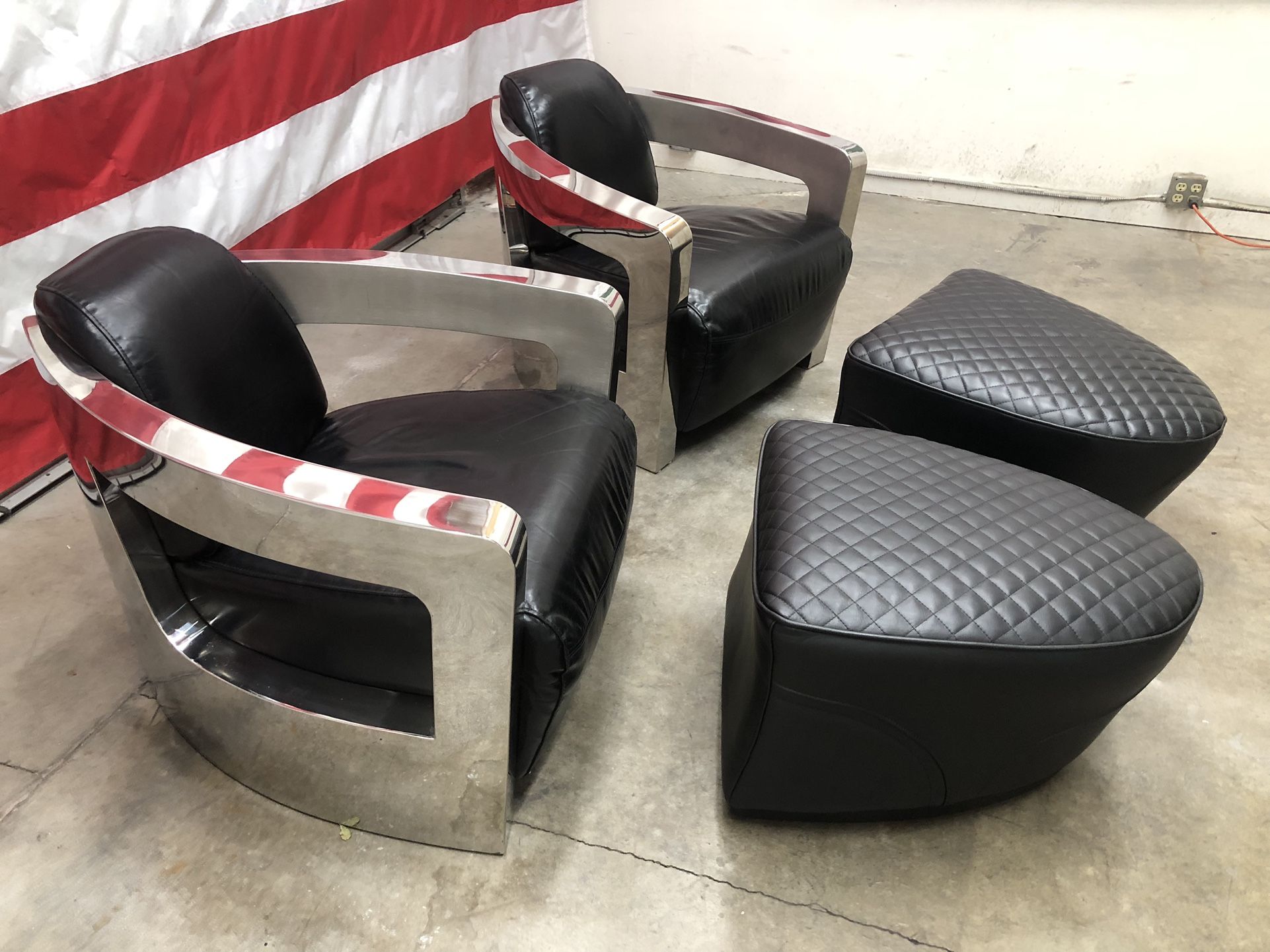 Free Delivery - RH Restoration Hardware Chrome Black Leather Chairs & Ottomans