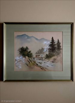 Vintage Asian Ink Wash On Silk Painting Framed Serene River Village Scene 23"×19