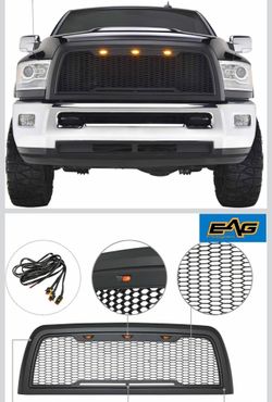 EAG Replacement ABS Upper Grille Front Hood Grill - Matte Black - with Amber LED Lights Fit for 13-18 Ram 2500/3500 Heavy Duty