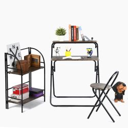 Homy Casa LYNDA 3PC Folding Desk Set 31.5" Student Study Table with 2-Tier Shelf, Folding Chair & Side Rack Matte Black Open Box