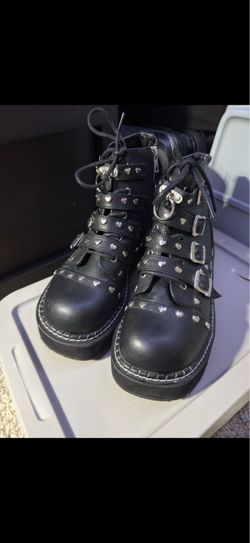 Demonia EMILY-315 Heart Studded Platform Boots Black Vegan Leather - Women's Size 9