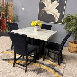 Very Pretty Marble High Top Dining Room Table With 4 Black Upholstered Chairs ✨Delivery Available 🚛
