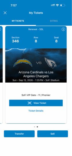 2 Chargers vs Cardinals Premium Seats – Sec 346 Row 8 – $120 Each – SoFi VIP
