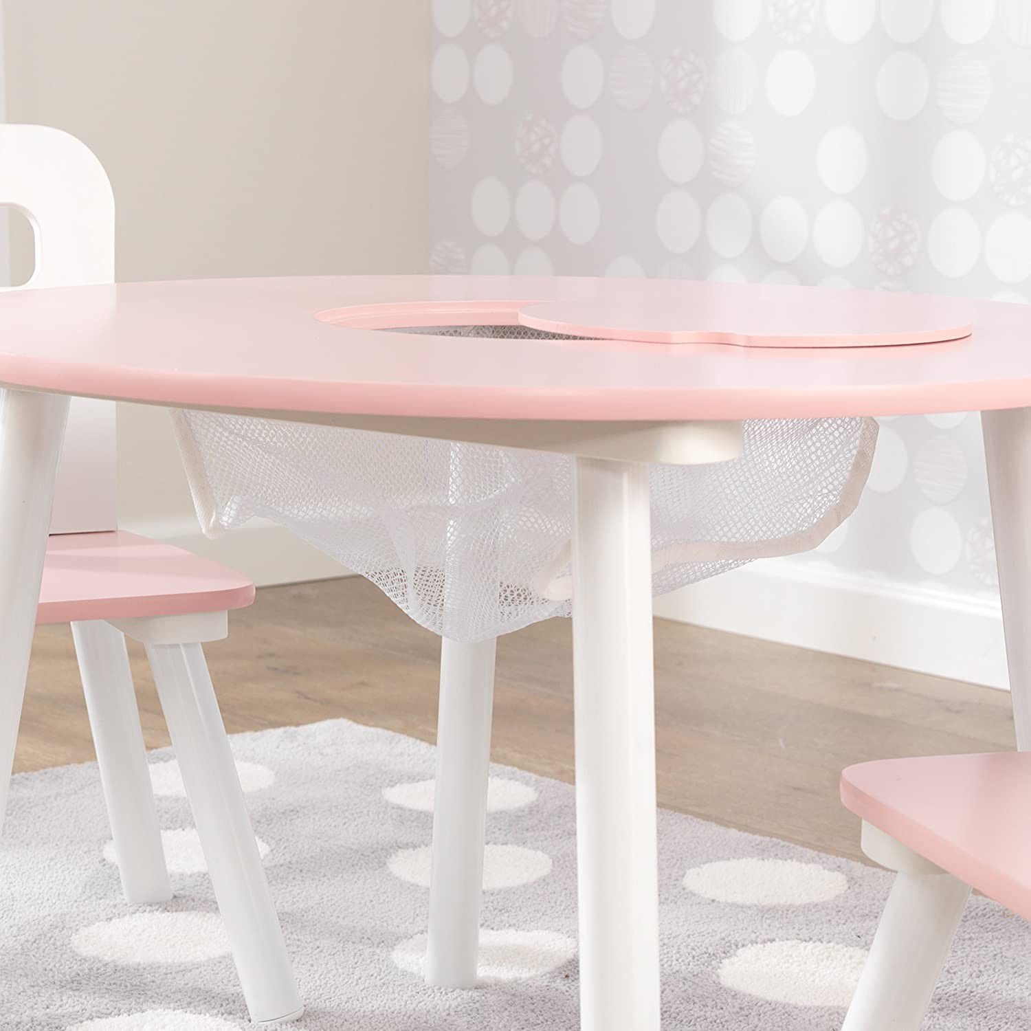 Wooden Round Table & 2 Chair Set with Center Mesh Storage - Pink & White