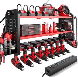 32”Power Tool Organizer with Charging Station Wall Mount, Built in 8 Outlet Surge Protection Red/Black  