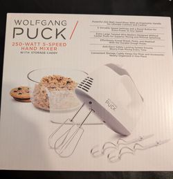 Wolfgang Puck Hand Mixer 250 Watt 5-Speed With Storage Caddy White- New In Box