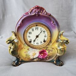 ANTIQUE ANSONIA PORCELAIN MANTEL CLOCK-ROYAL BONN-"LA CHARNY"-HAND PAINTED