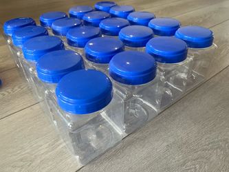 Lot of 20 clear plastic 32oz containers with blue round screw top lids for organization 3 1/2" x 4" x 5 1/2"