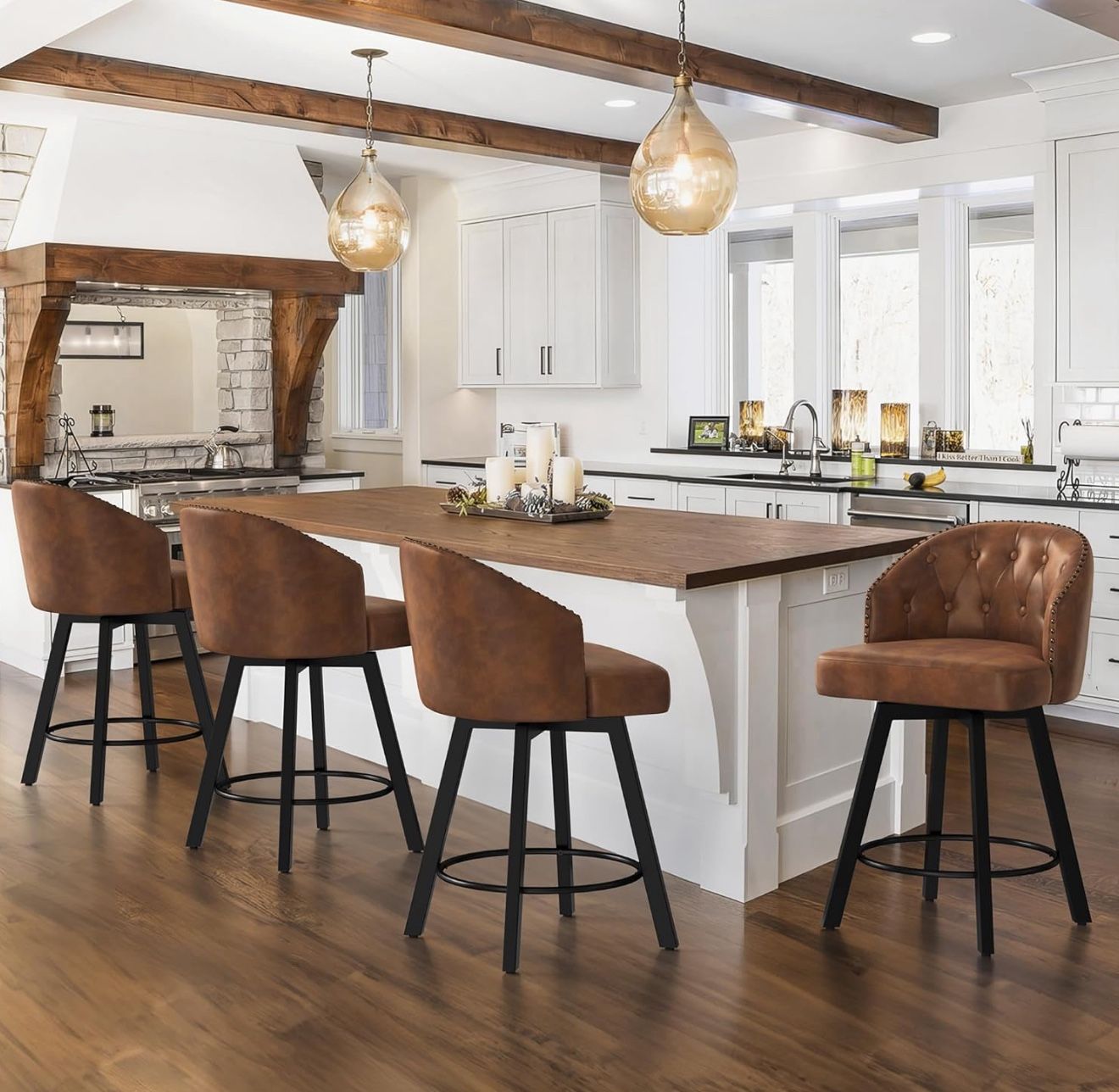 Counter Height Bar Stools Set of 4, 26" Swivel Faux Leather Upholstered Bar Stools with Backs and Metal Legs, Retro Counter Stools for Kitchen Island,