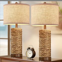 27.5'' Tall Natural Rattan Table Lamps Set of 2, Hand - Woven Wicker Lamp with Linen Shade, Rustic Coastal Boho Style Table Lamps for Bedroom, Living 