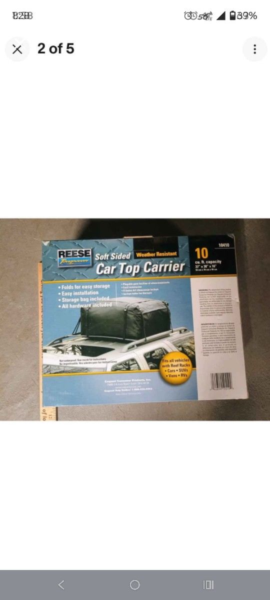 Reese Towpower 10 cu ft Soft-Sided Car Top Carrier – Weather Resistant, New in Box