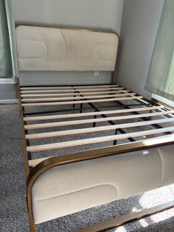 Upholstered Bed Frame with Gold Metal Trim