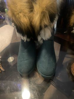 Dark Teal Suede Boots with Faux fur trim