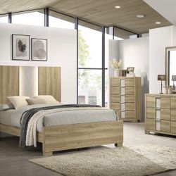 BEDROOM SET DRIFTWOOD LED PANEL 4PC (BED  FRAME,DRESSER MIRROR $NIGHTSTAND)(CHEST NOT INCLUDED , AVAILABLE $200