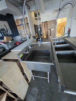 2 Commercial Stainless Sinks: 3-Bay (88") & 1-Bay (48") w/ Faucets