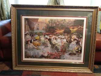 44 3/4 W X 35 1/2 H  LE DINNER  A L' HOTEL RITZ  PARIS 1904 GEORGES JEANNIOT  FRAMED  MATTED AND SIGNED