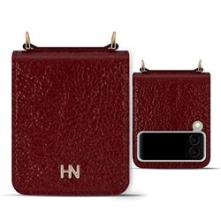 Luxury Wallet Case with Strap Bra for Wrist Card Clutch Diary Samsung Z Flip 3 (Wine)

