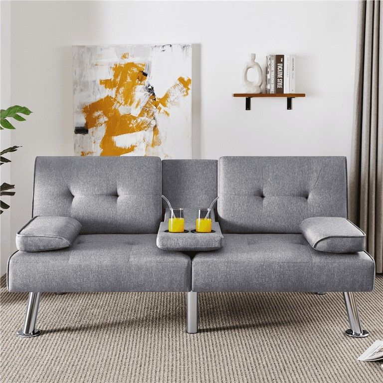 Fabric Upholstered Convertible Futon Sofa Bed with Cup Holders and Pillows, Light Gray