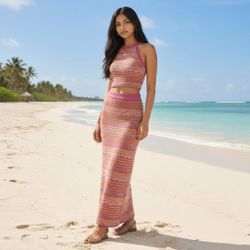 Haute Hippie Two Piece Space Dye Crochet Knit Skirt and Top Set Women SZ L NWOT