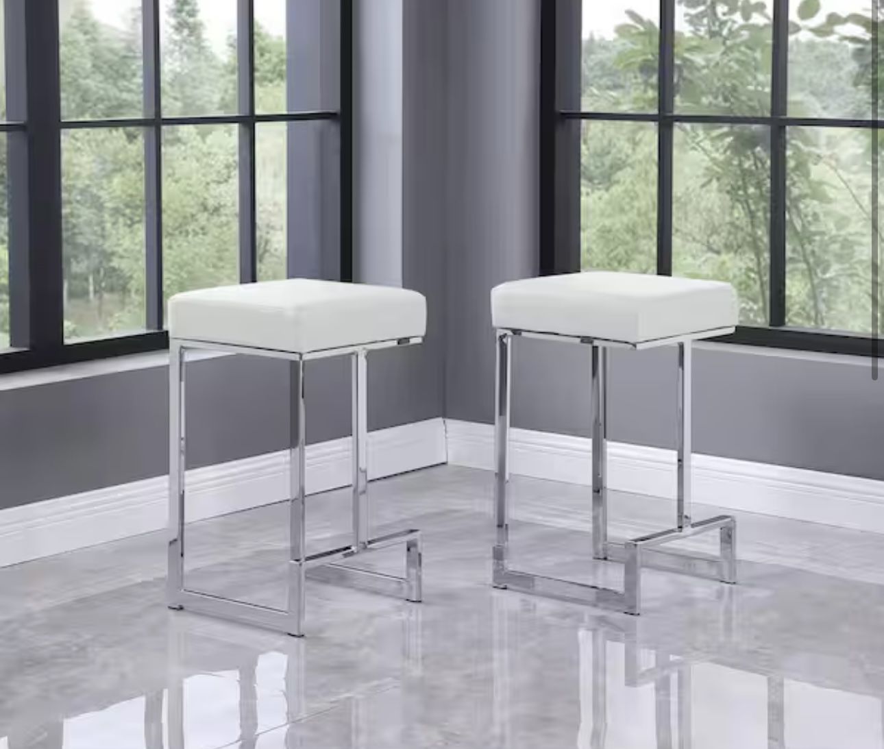 Jupiter Lane 25 in. H White/Faux Leather Counter Height Stools with Silver Base (Set of 2)