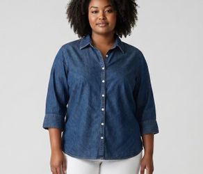 Faded Glory Denim Shirt Women’s size 18W-20W Pearl Snap 3/4 Sleeves Blue