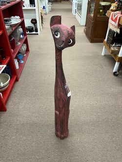 Very Tall Red Wooden Cat Sculpture